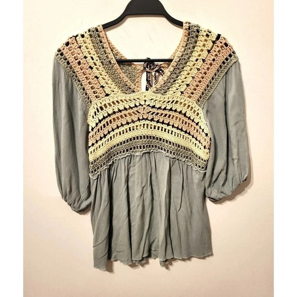 easel Tops - Easel Blue Crochet Peasant Top